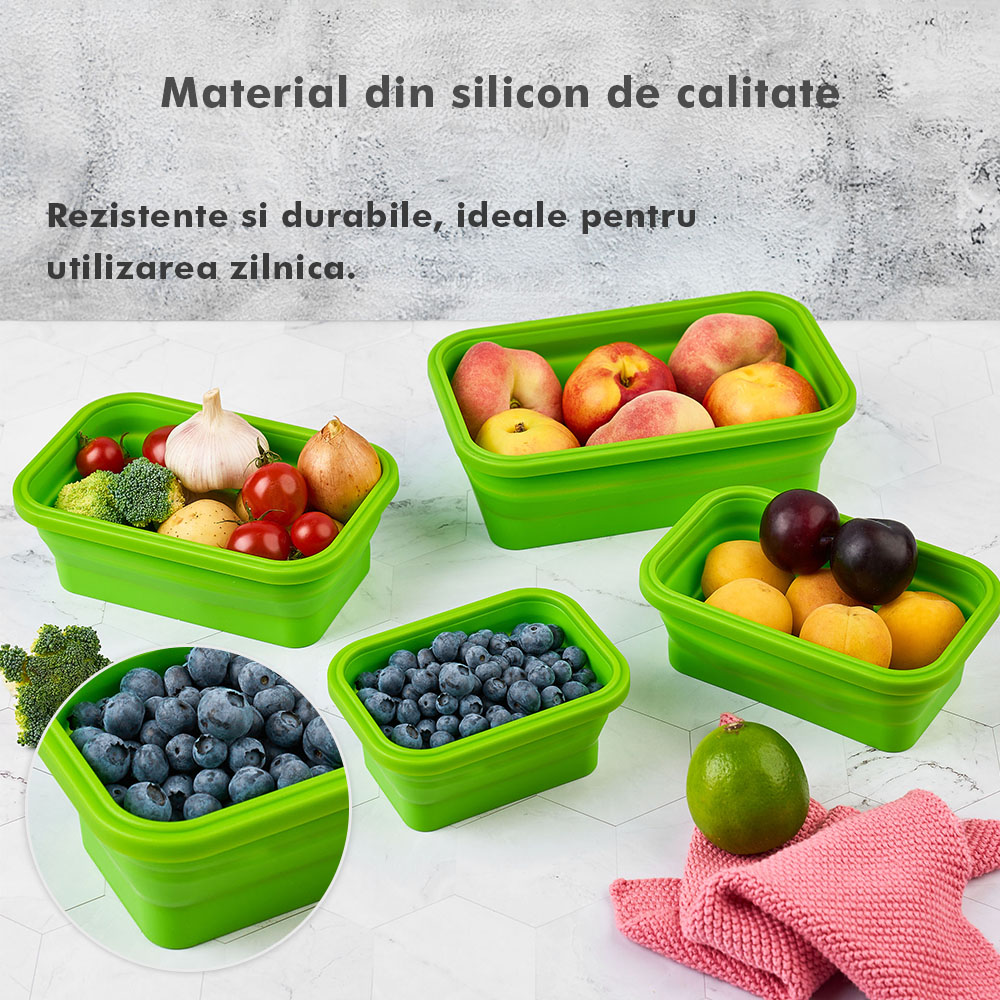 Set 4 caserole pliabile extensibile dreptunghiulare onuvio® din silicon alimentar cu capac - 350 ml, 500 ml, 800 ml, 1200 ml, rezistente de la -40 la 200°c, pentru păstrat, Încălzit și transportat hrana - verde