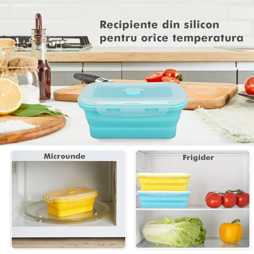 Set 4 caserole pliabile extensibile dreptunghiulare onuvio® din silicon alimentar cu capac - 350 ml, 500 ml, 800 ml, 1200 ml, rezistente de la -40 la 200°c, pentru păstrat, Încălzit și transportat hrana - multicolor