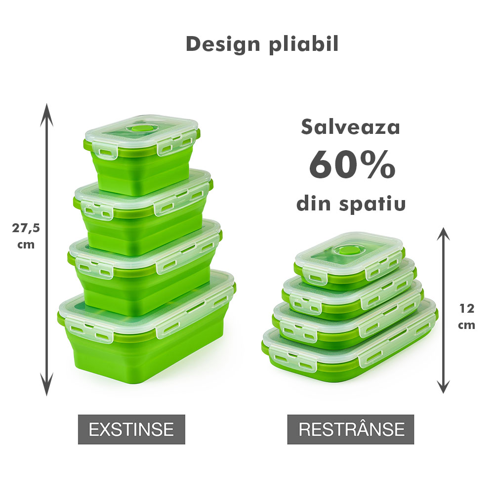 Set 4 caserole pliabile extensibile dreptunghiulare onuvio® din silicon alimentar cu capac - 350 ml, 500 ml, 800 ml, 1200 ml, rezistente de la -40 la 200°c, pentru păstrat, Încălzit și transportat hrana - verde