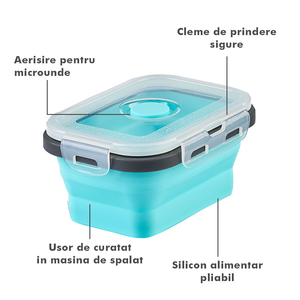 Set 4 caserole pliabile extensibile dreptunghiulare onuvio® din silicon alimentar cu capac - 350 ml, 500 ml, 800 ml, 1200 ml, rezistente de la -40 la 200°c, pentru păstrat, Încălzit și transportat hrana - albastru inchis