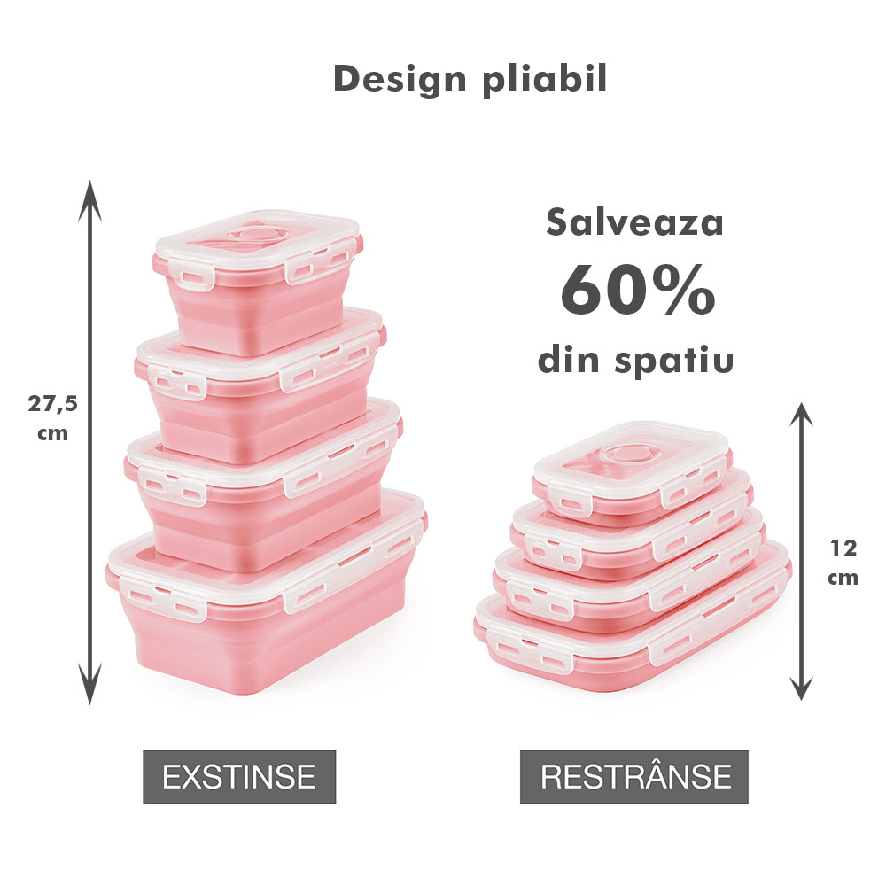 Set 4 caserole pliabile extensibile dreptunghiulare onuvio® din silicon alimentar cu capac - 350 ml, 500 ml, 800 ml, 1200 ml, rezistente de la -40 la 200°c, pentru păstrat, Încălzit și transportat hrana - roz