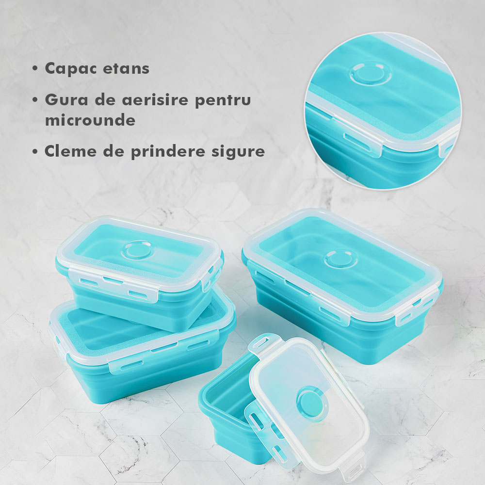 Set 4 caserole pliabile extensibile dreptunghiulare onuvio® din silicon alimentar cu capac - 350 ml, 500 ml, 800 ml, 1200 ml, rezistente de la -40 la 200°c, pentru păstrat, Încălzit și transportat hrana - turcoaz