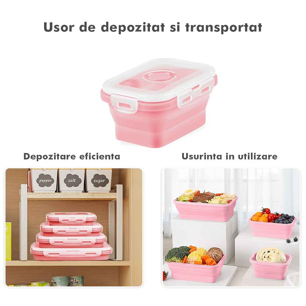 Set 4 caserole pliabile extensibile dreptunghiulare onuvio® din silicon alimentar cu capac - 350 ml, 500 ml, 800 ml, 1200 ml, rezistente de la -40 la 200°c, pentru păstrat, Încălzit și transportat hrana - roz