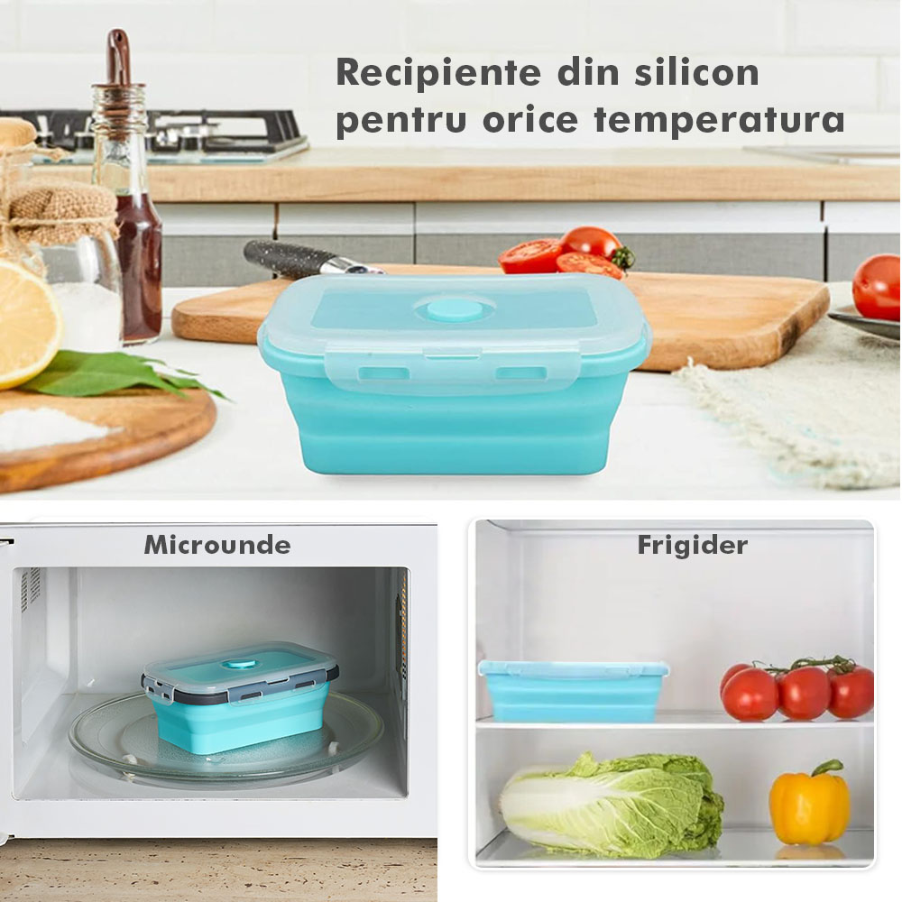 Set 4 caserole pliabile extensibile dreptunghiulare onuvio® din silicon alimentar cu capac - 350 ml, 500 ml, 800 ml, 1200 ml, rezistente de la -40 la 200°c, pentru păstrat, Încălzit și transportat hrana - albastru inchis