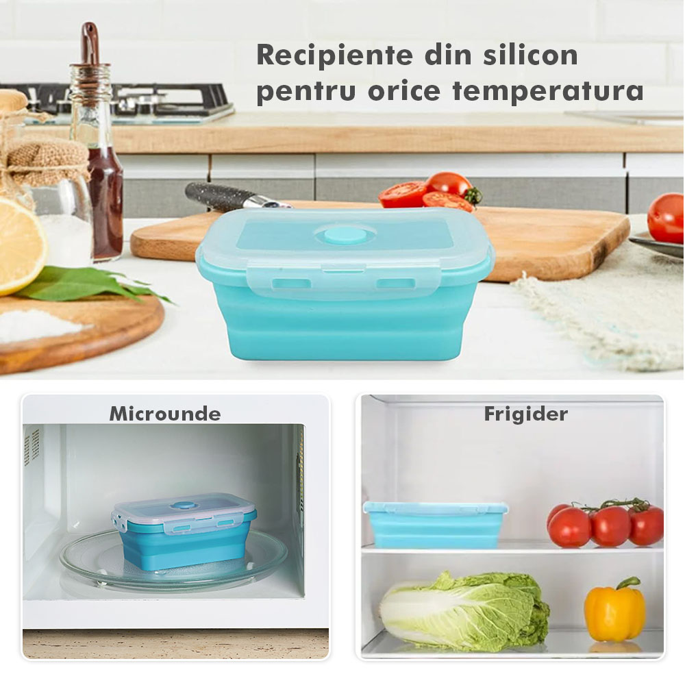 Set 4 caserole pliabile extensibile dreptunghiulare onuvio® din silicon alimentar cu capac - 350 ml, 500 ml, 800 ml, 1200 ml, rezistente de la -40 la 200°c, pentru păstrat, Încălzit și transportat hrana - turcoaz