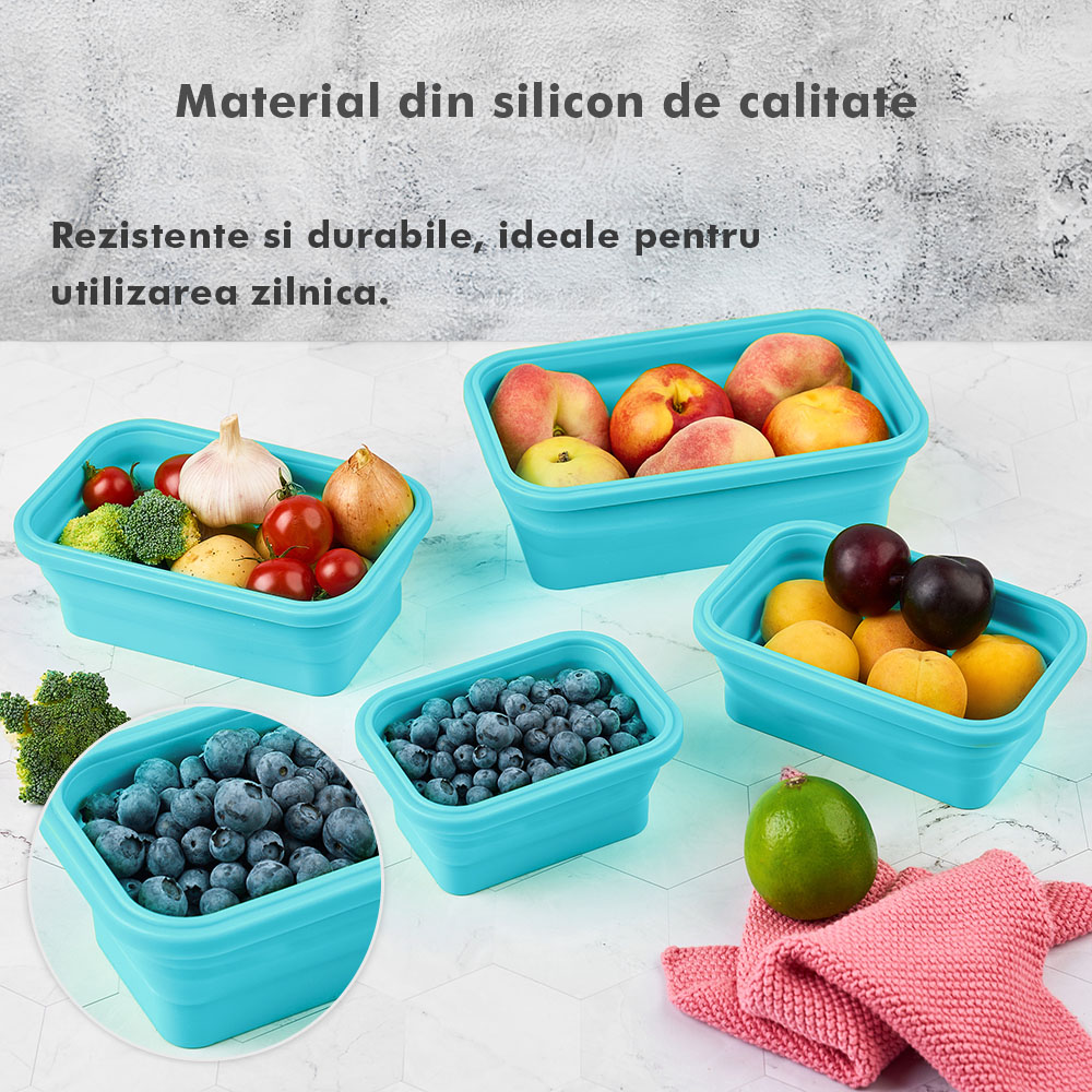 Set 4 caserole pliabile extensibile dreptunghiulare onuvio® din silicon alimentar cu capac - 350 ml, 500 ml, 800 ml, 1200 ml, rezistente de la -40 la 200°c, pentru păstrat, Încălzit și transportat hrana - turcoaz