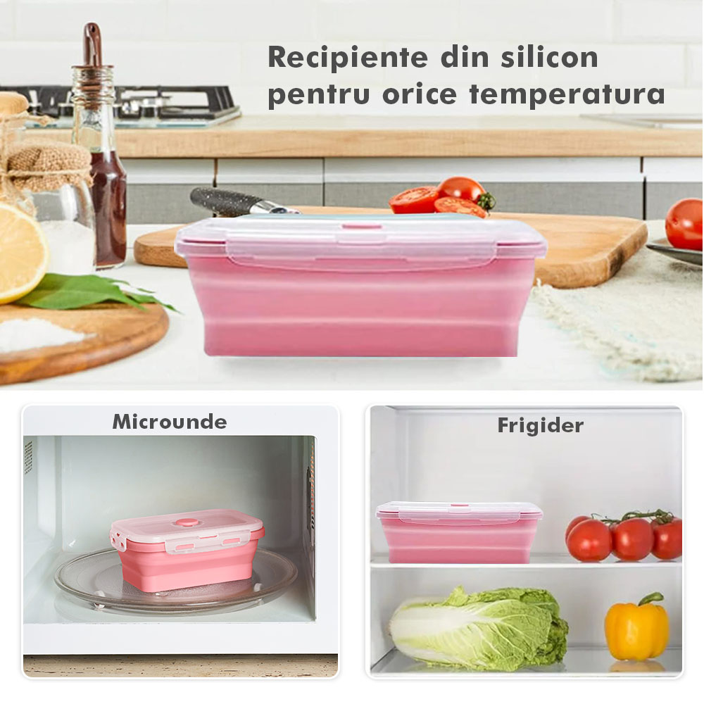 Set 4 caserole pliabile extensibile dreptunghiulare onuvio® din silicon alimentar cu capac - 350 ml, 500 ml, 800 ml, 1200 ml, rezistente de la -40 la 200°c, pentru păstrat, Încălzit și transportat hrana - roz