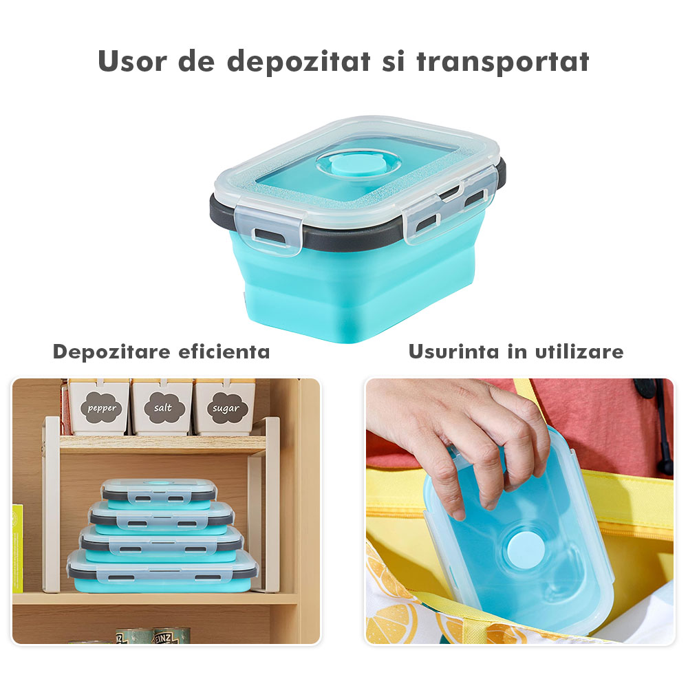 Set 4 caserole pliabile extensibile dreptunghiulare onuvio® din silicon alimentar cu capac - 350 ml, 500 ml, 800 ml, 1200 ml, rezistente de la -40 la 200°c, pentru păstrat, Încălzit și transportat hrana - albastru inchis