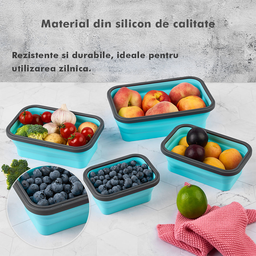Set 4 caserole pliabile extensibile dreptunghiulare onuvio® din silicon alimentar cu capac - 350 ml, 500 ml, 800 ml, 1200 ml, rezistente de la -40 la 200°c, pentru păstrat, Încălzit și transportat hrana - albastru inchis
