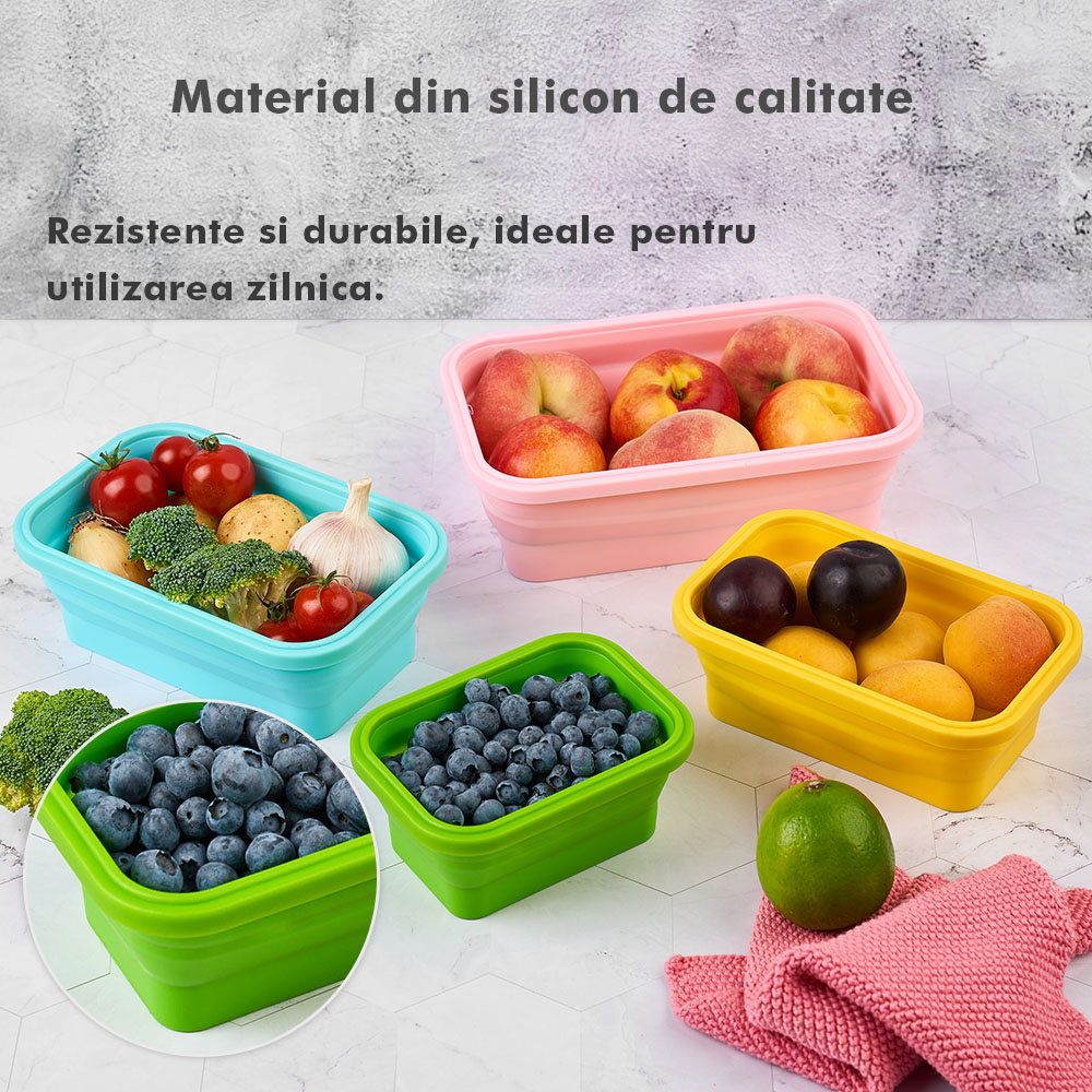 Set 4 caserole pliabile extensibile dreptunghiulare onuvio® din silicon alimentar cu capac - 350 ml, 500 ml, 800 ml, 1200 ml, rezistente de la -40 la 200°c, pentru păstrat, Încălzit și transportat hrana - multicolor