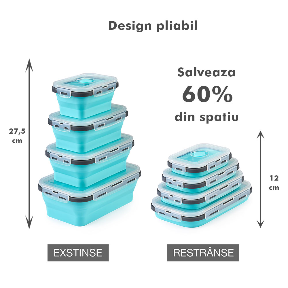 Set 4 caserole pliabile extensibile dreptunghiulare onuvio® din silicon alimentar cu capac - 350 ml, 500 ml, 800 ml, 1200 ml, rezistente de la -40 la 200°c, pentru păstrat, Încălzit și transportat hrana - albastru inchis