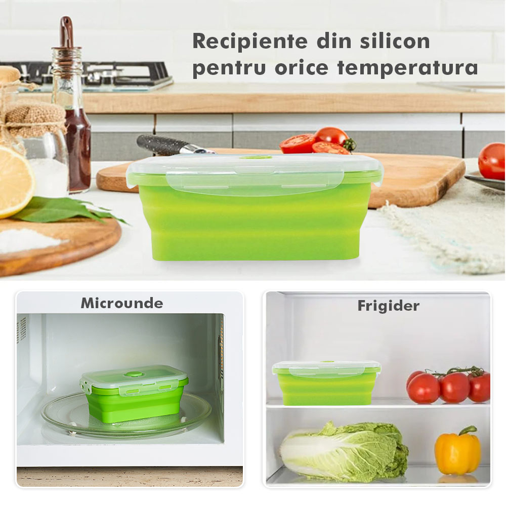 Set 4 caserole pliabile extensibile dreptunghiulare onuvio® din silicon alimentar cu capac - 350 ml, 500 ml, 800 ml, 1200 ml, rezistente de la -40 la 200°c, pentru păstrat, Încălzit și transportat hrana - verde