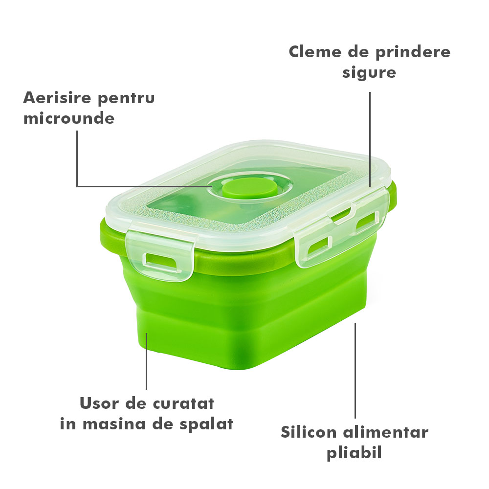 Set 4 caserole pliabile extensibile dreptunghiulare onuvio® din silicon alimentar cu capac - 350 ml, 500 ml, 800 ml, 1200 ml, rezistente de la -40 la 200°c, pentru păstrat, Încălzit și transportat hrana - verde