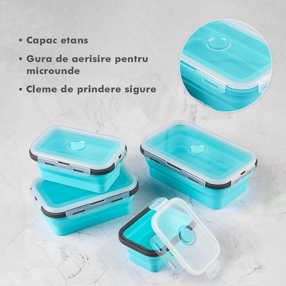Set 4 caserole pliabile extensibile dreptunghiulare onuvio® din silicon alimentar cu capac - 350 ml, 500 ml, 800 ml, 1200 ml, rezistente de la -40 la 200°c, pentru păstrat, Încălzit și transportat hrana - albastru inchis