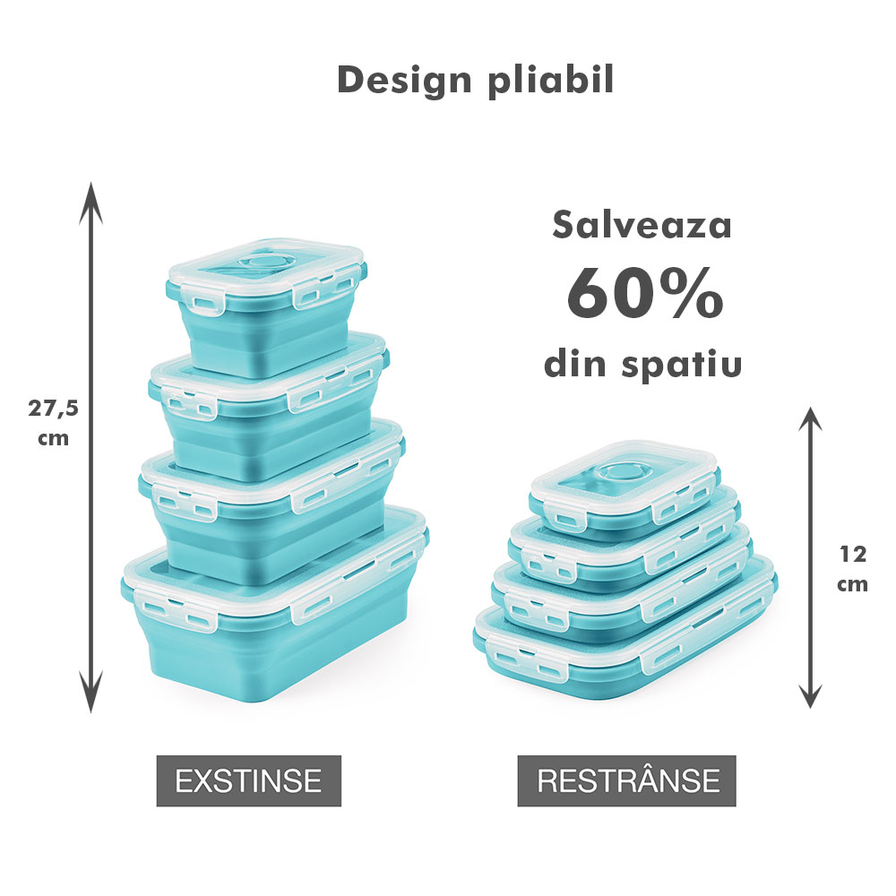 Set 4 caserole pliabile extensibile dreptunghiulare onuvio® din silicon alimentar cu capac - 350 ml, 500 ml, 800 ml, 1200 ml, rezistente de la -40 la 200°c, pentru păstrat, Încălzit și transportat hrana - turcoaz