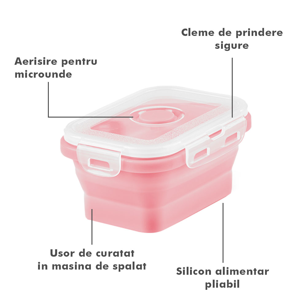 Set 4 caserole pliabile extensibile dreptunghiulare onuvio® din silicon alimentar cu capac - 350 ml, 500 ml, 800 ml, 1200 ml, rezistente de la -40 la 200°c, pentru păstrat, Încălzit și transportat hrana - multicolor