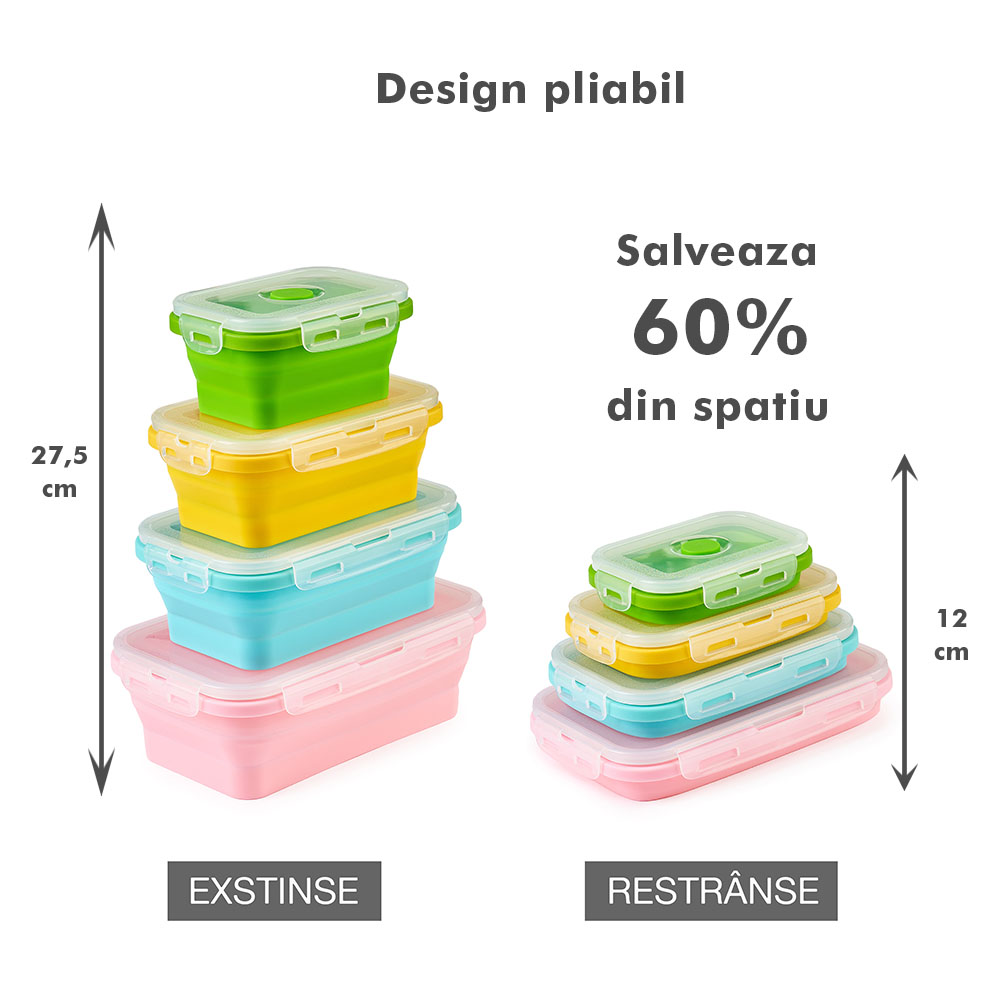 Set 4 caserole pliabile extensibile dreptunghiulare onuvio® din silicon alimentar cu capac - 350 ml, 500 ml, 800 ml, 1200 ml, rezistente de la -40 la 200°c, pentru păstrat, Încălzit și transportat hrana - multicolor