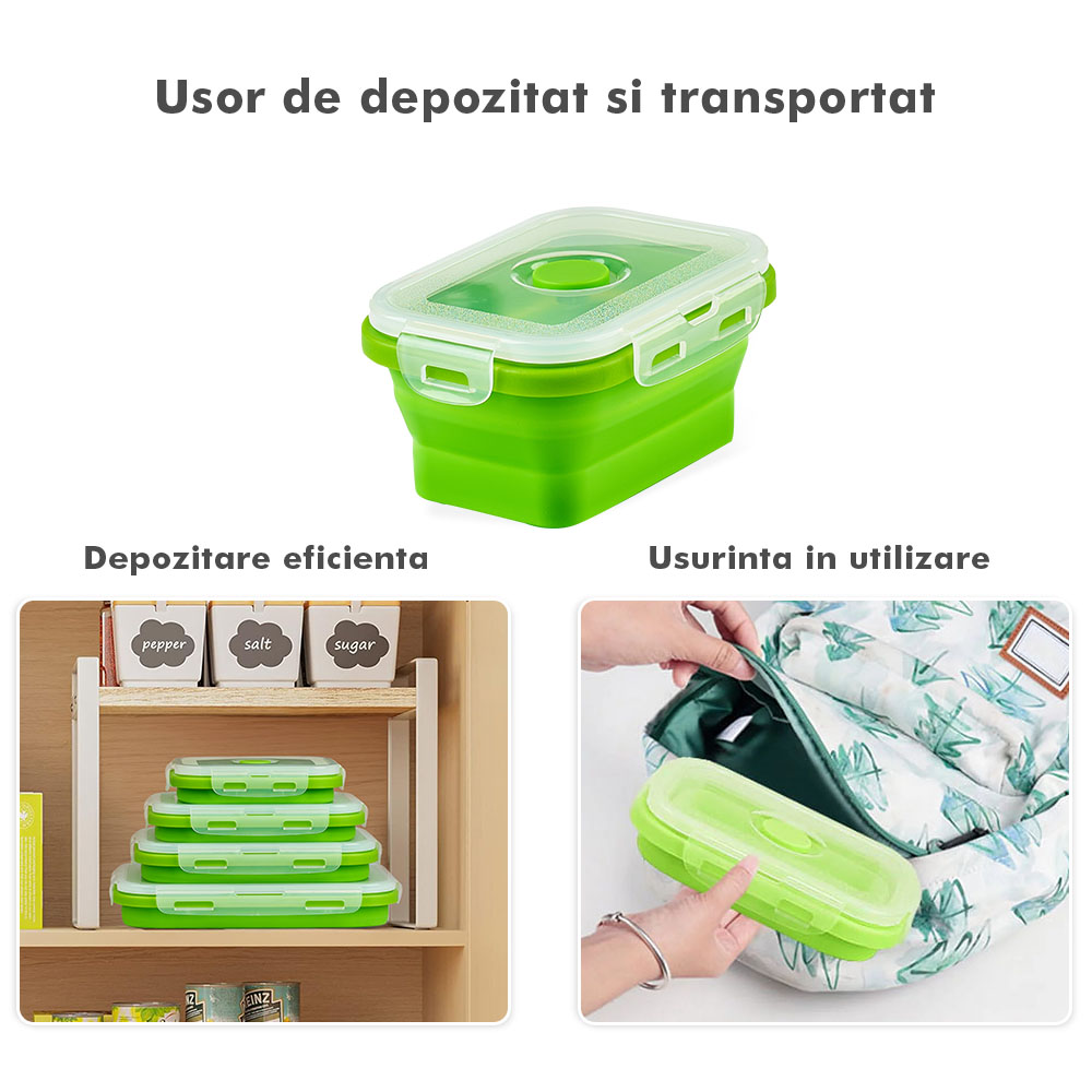 Set 4 caserole pliabile extensibile dreptunghiulare onuvio® din silicon alimentar cu capac - 350 ml, 500 ml, 800 ml, 1200 ml, rezistente de la -40 la 200°c, pentru păstrat, Încălzit și transportat hrana - verde