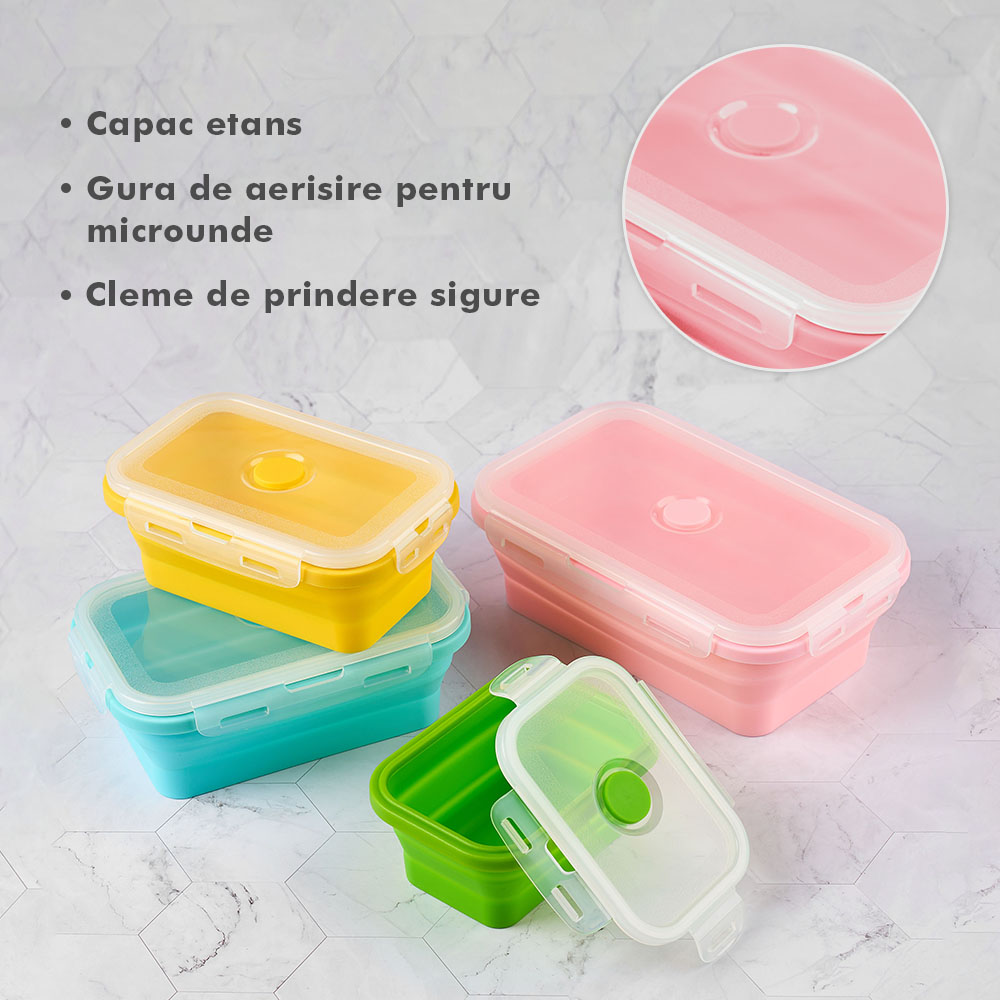 Set 4 caserole pliabile extensibile dreptunghiulare onuvio® din silicon alimentar cu capac - 350 ml, 500 ml, 800 ml, 1200 ml, rezistente de la -40 la 200°c, pentru păstrat, Încălzit și transportat hrana - multicolor
