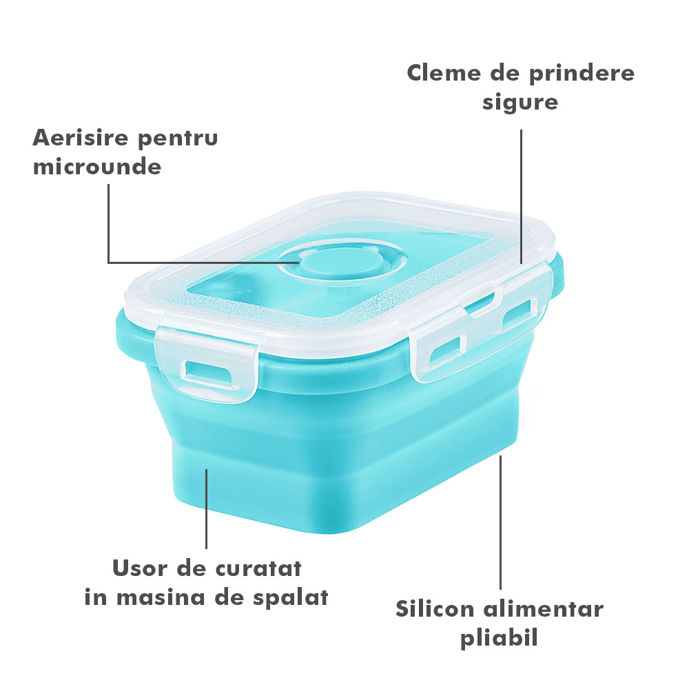 Set 4 caserole pliabile extensibile dreptunghiulare onuvio® din silicon alimentar cu capac - 350 ml, 500 ml, 800 ml, 1200 ml, rezistente de la -40 la 200°c, pentru păstrat, Încălzit și transportat hrana - turcoaz