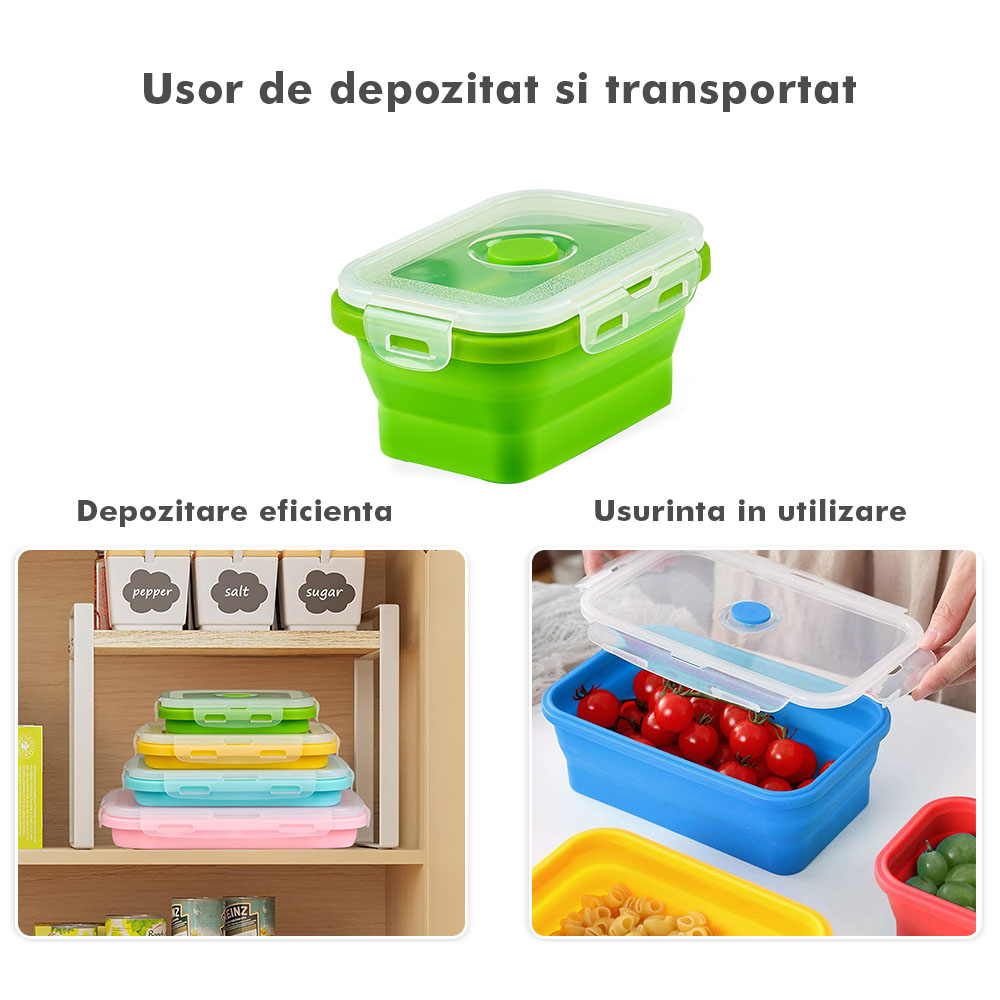 Set 4 caserole pliabile extensibile dreptunghiulare onuvio® din silicon alimentar cu capac - 350 ml, 500 ml, 800 ml, 1200 ml, rezistente de la -40 la 200°c, pentru păstrat, Încălzit și transportat hrana - multicolor