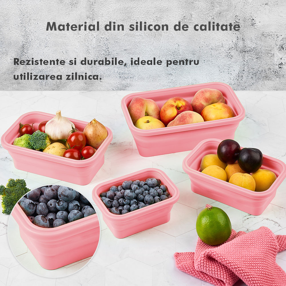 Set 4 caserole pliabile extensibile dreptunghiulare onuvio® din silicon alimentar cu capac - 350 ml, 500 ml, 800 ml, 1200 ml, rezistente de la -40 la 200°c, pentru păstrat, Încălzit și transportat hrana - roz