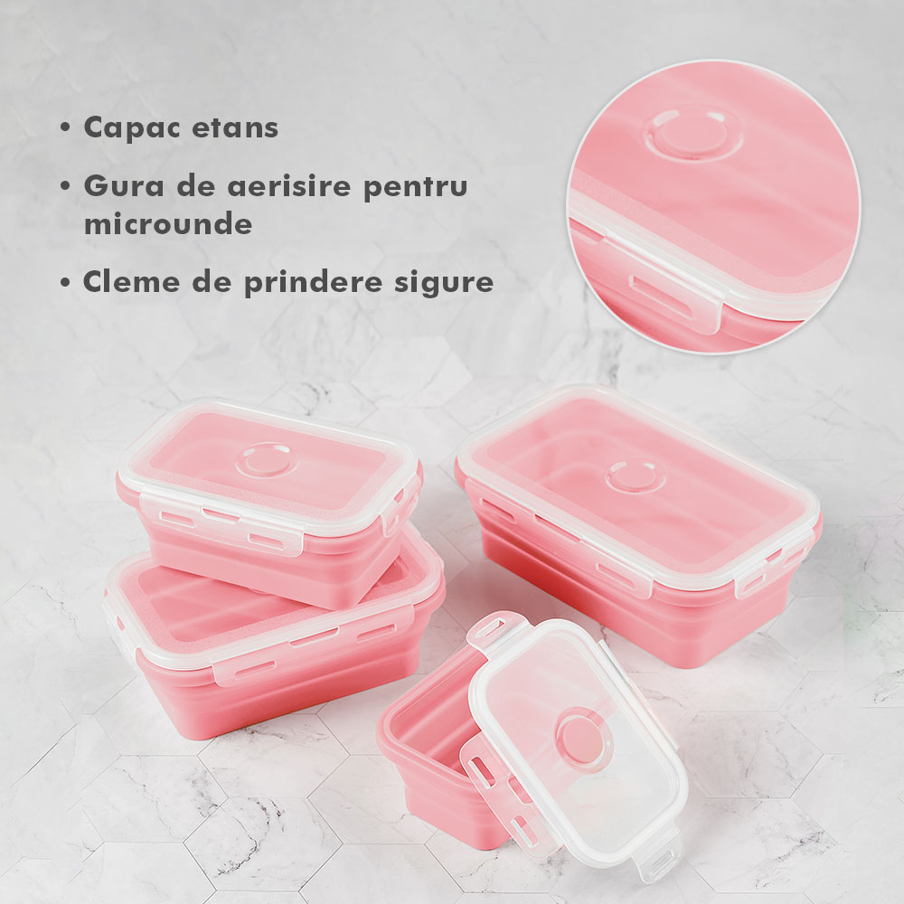 Set 4 caserole pliabile extensibile dreptunghiulare onuvio® din silicon alimentar cu capac - 350 ml, 500 ml, 800 ml, 1200 ml, rezistente de la -40 la 200°c, pentru păstrat, Încălzit și transportat hrana - roz