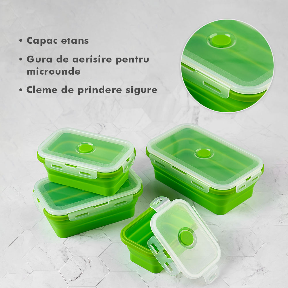 Set 4 caserole pliabile extensibile dreptunghiulare onuvio® din silicon alimentar cu capac - 350 ml, 500 ml, 800 ml, 1200 ml, rezistente de la -40 la 200°c, pentru păstrat, Încălzit și transportat hrana - verde