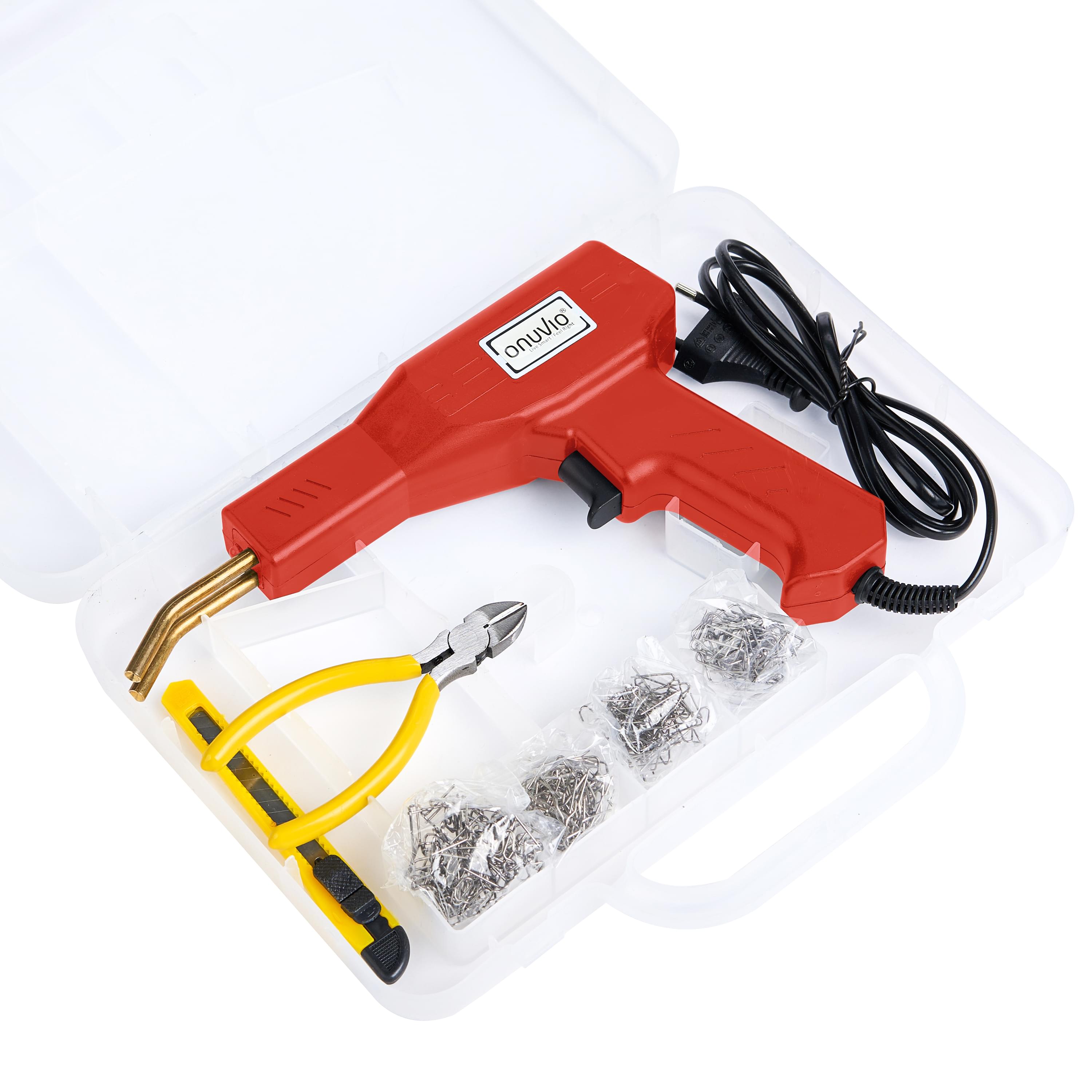 Set pistol și capse pentru lipit plastic onuvio™, trusa pentru sudat plastic, kit pentru repararea fisurilor din plastic, 200 capse si geanta transport incluse, putere 50w - rosu