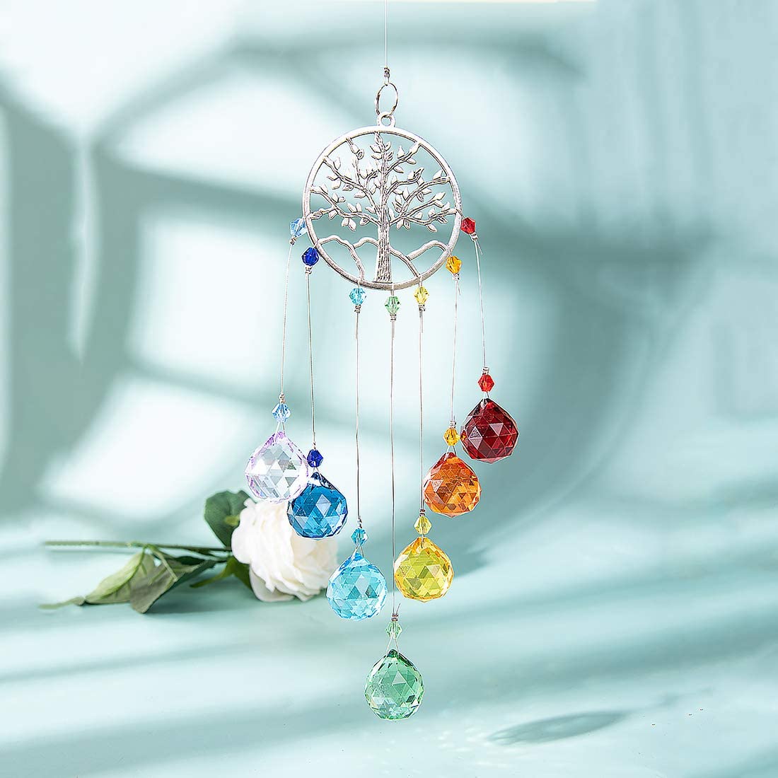 Decor suspendat pomul vieții cu cristale k9, suncatcher dreamcatcher, 7 chakre, clopoței de vânt, energie și echilibru, onuvio®