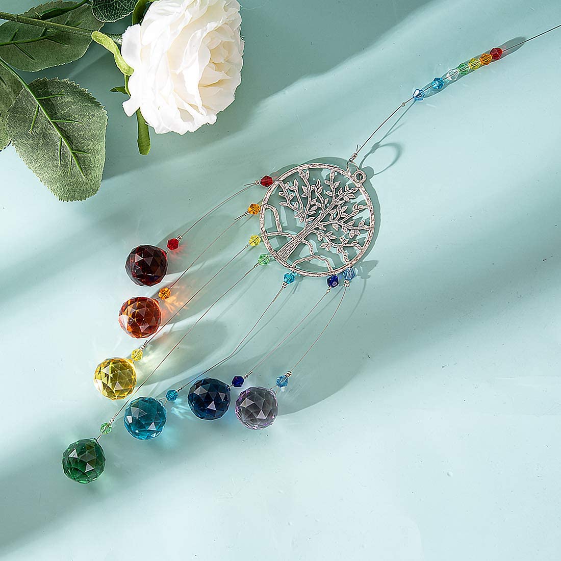 Decor suspendat pomul vieții cu cristale k9, suncatcher dreamcatcher, 7 chakre, clopoței de vânt, energie și echilibru, onuvio®