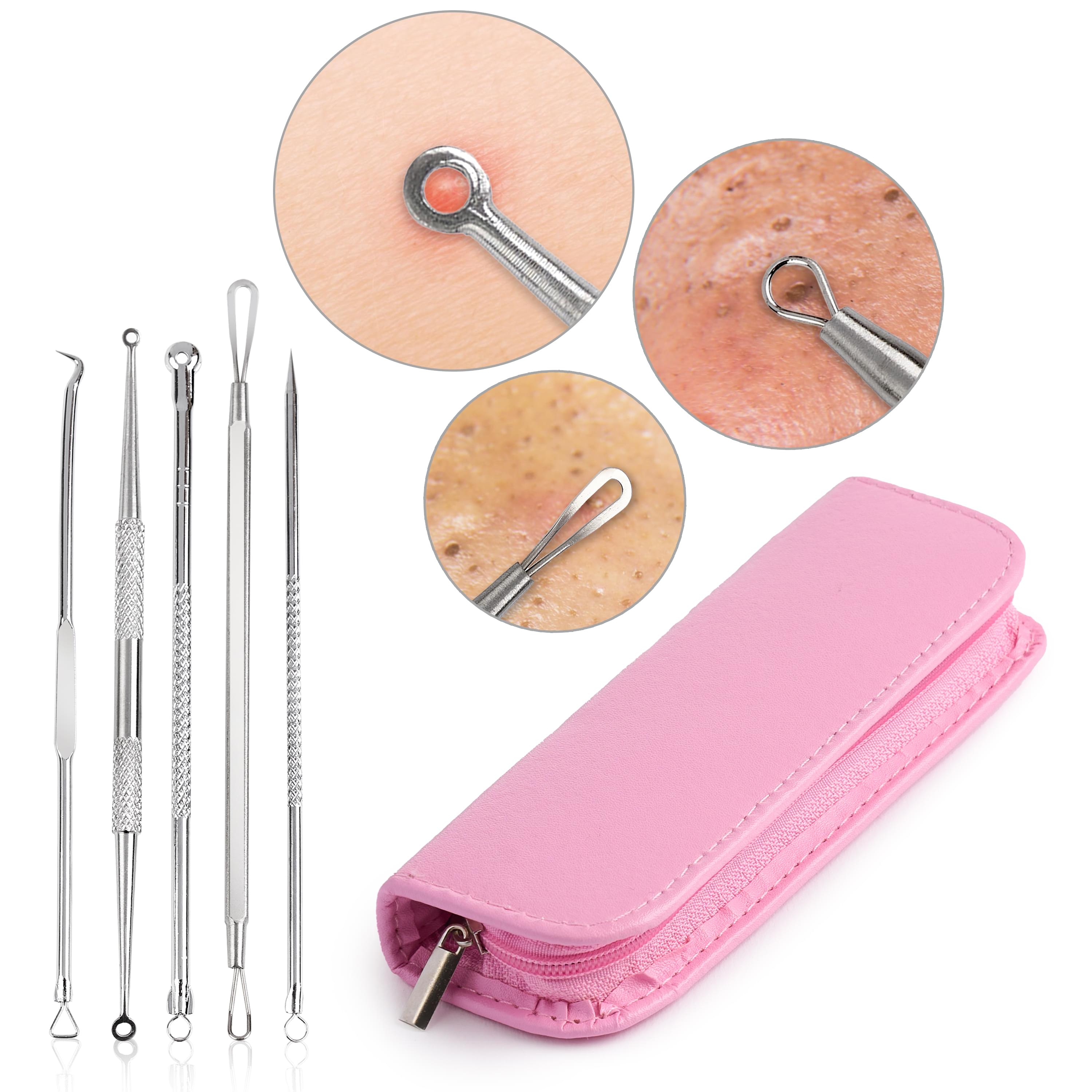 Trusa cosmetica profesionala pentru extractie puncte negre, comedoane, acnee, ustensile cosmetice din inox, 9 piese, onuvio® - roz