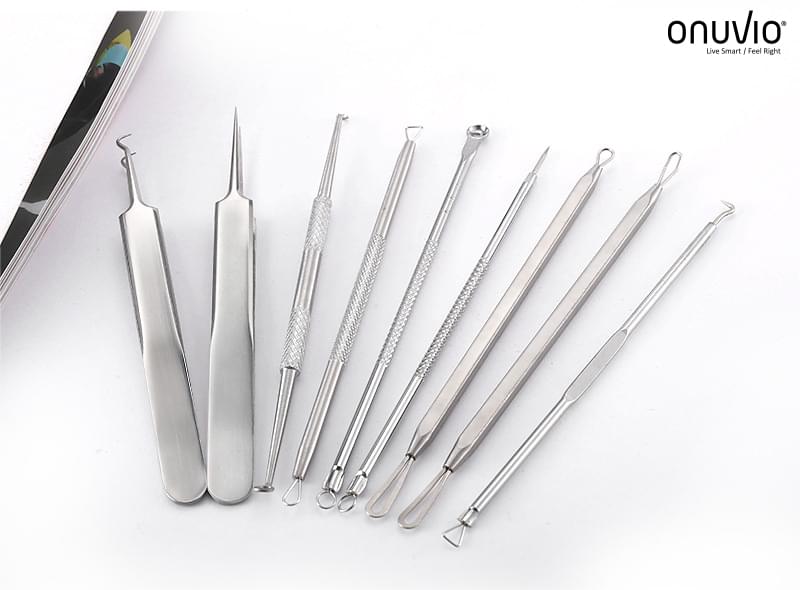 Trusa cosmetica profesionala pentru extractie puncte negre, comedoane, acnee, ustensile cosmetice din inox, 9 piese, onuvio®