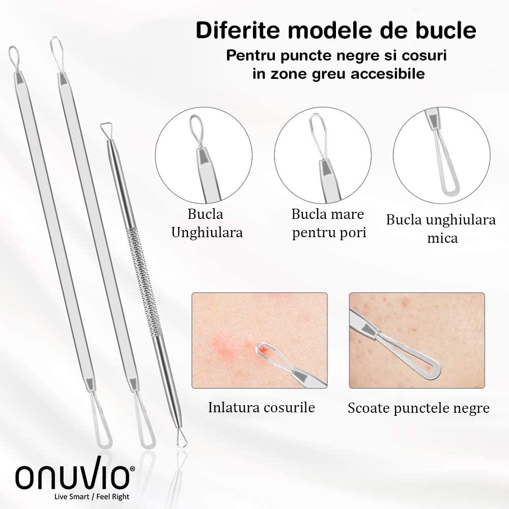 Trusa cosmetica profesionala pentru extractie puncte negre, comedoane, acnee, ustensile cosmetice din inox, 9 piese, onuvio®