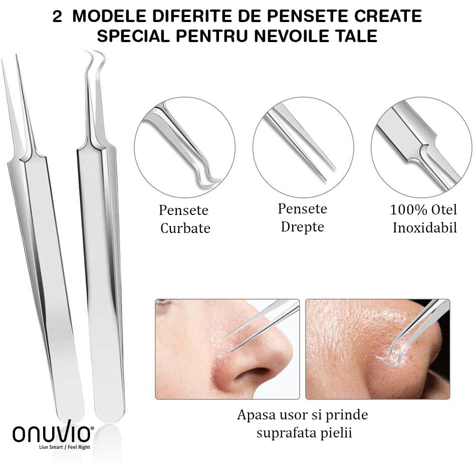 Trusa cosmetica profesionala pentru extractie puncte negre, comedoane, acnee, ustensile cosmetice din inox, 9 piese, onuvio®