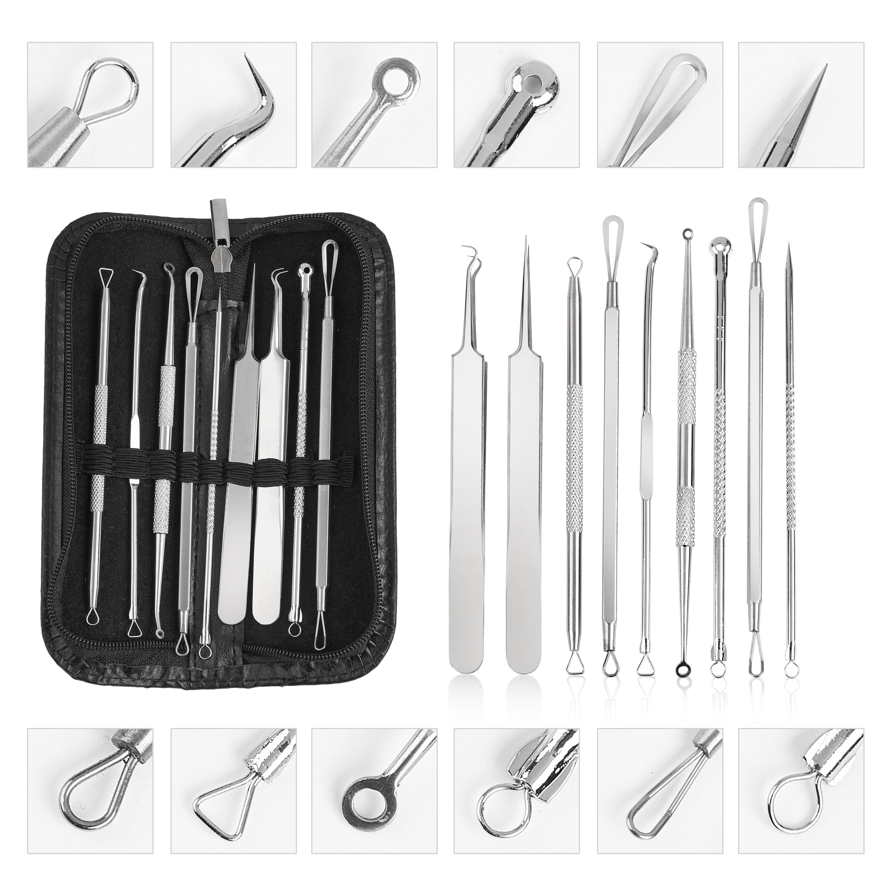 Trusa cosmetica profesionala pentru extractie puncte negre, comedoane, acnee, ustensile cosmetice din inox, 9 piese, onuvio® - negru