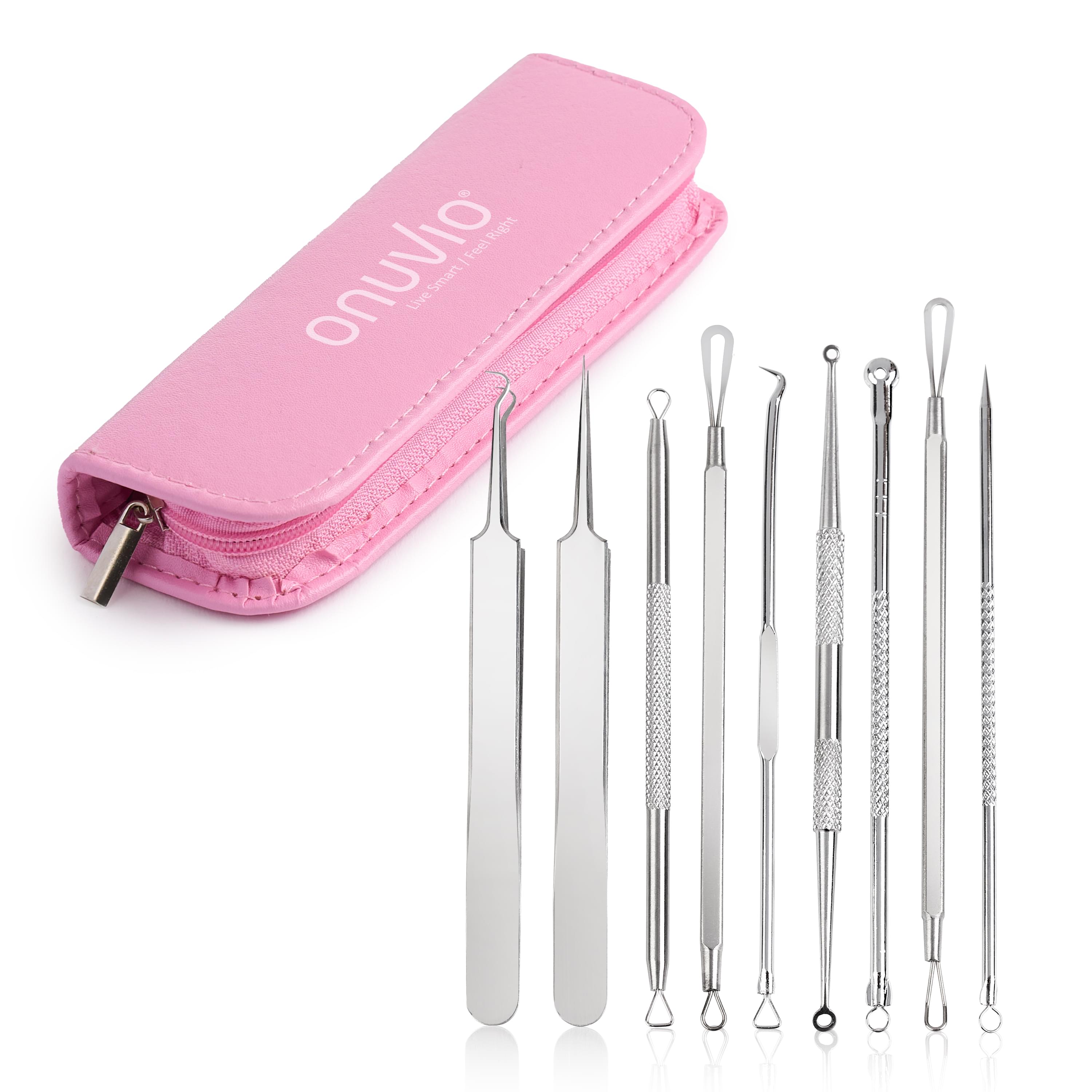 Trusa cosmetica profesionala pentru extractie puncte negre, comedoane, acnee, ustensile cosmetice din inox, 9 piese, onuvio®