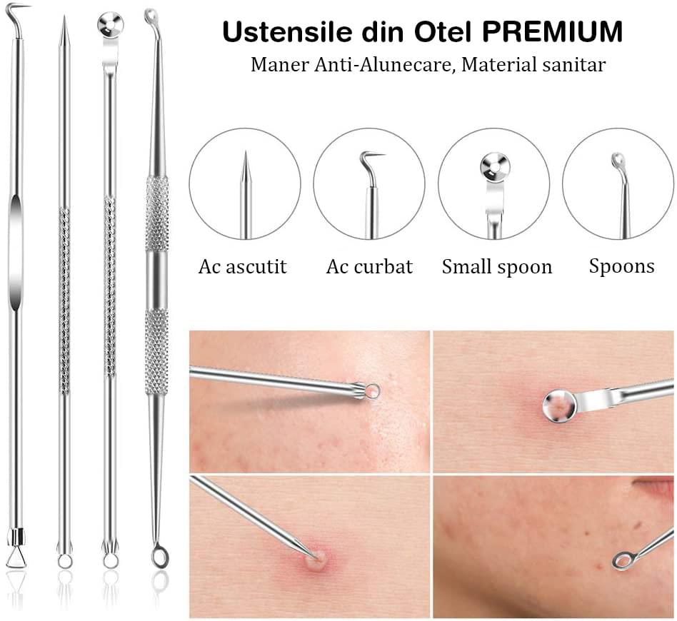 Trusa cosmetica profesionala pentru extractie puncte negre, comedoane, acnee, ustensile cosmetice din inox, 9 piese, onuvio®